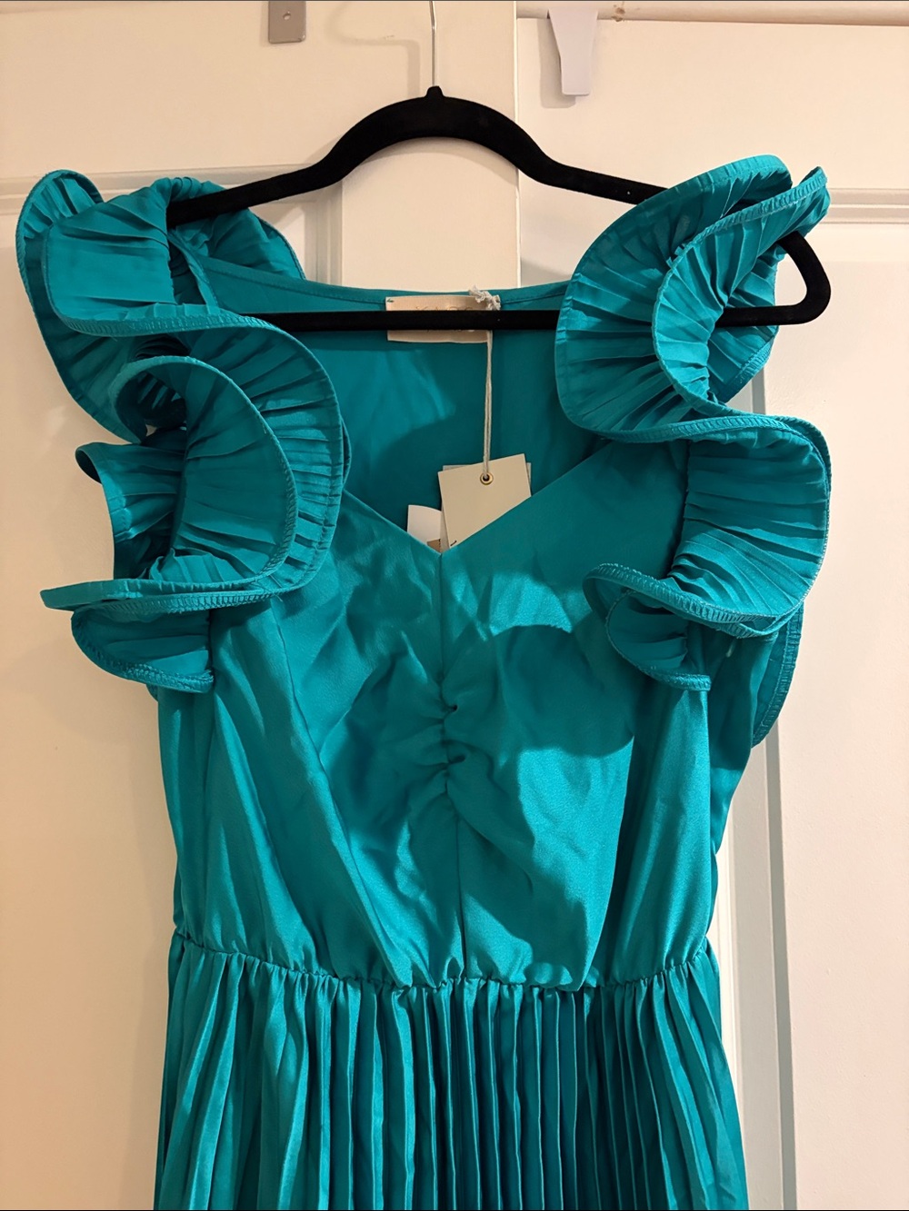 Teal Ruffle Shoulder Pleated Dress - Picture 2 of 3